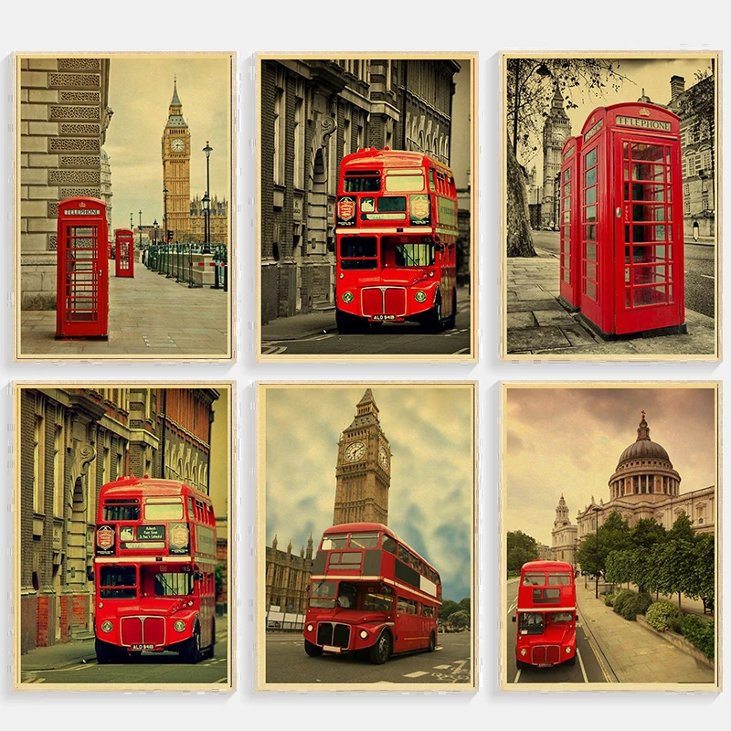 Vintage Poster London Street Red Telephone Booth Wall Pictures Living Room Home Decorative Painting Wallpaper Wall