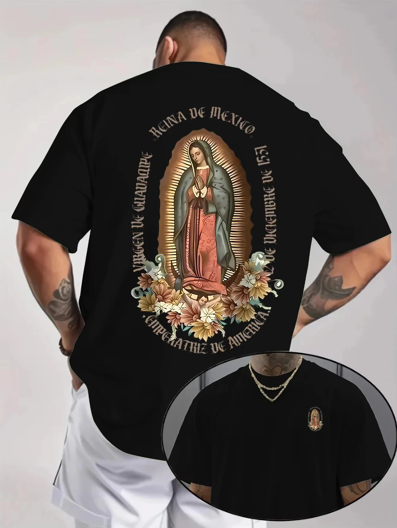 Men's Religious T-Shirt With A Floral 3D Print Of Our Lady Of Guadalupe Suitable For Summer Daily Wear And Special Occasions