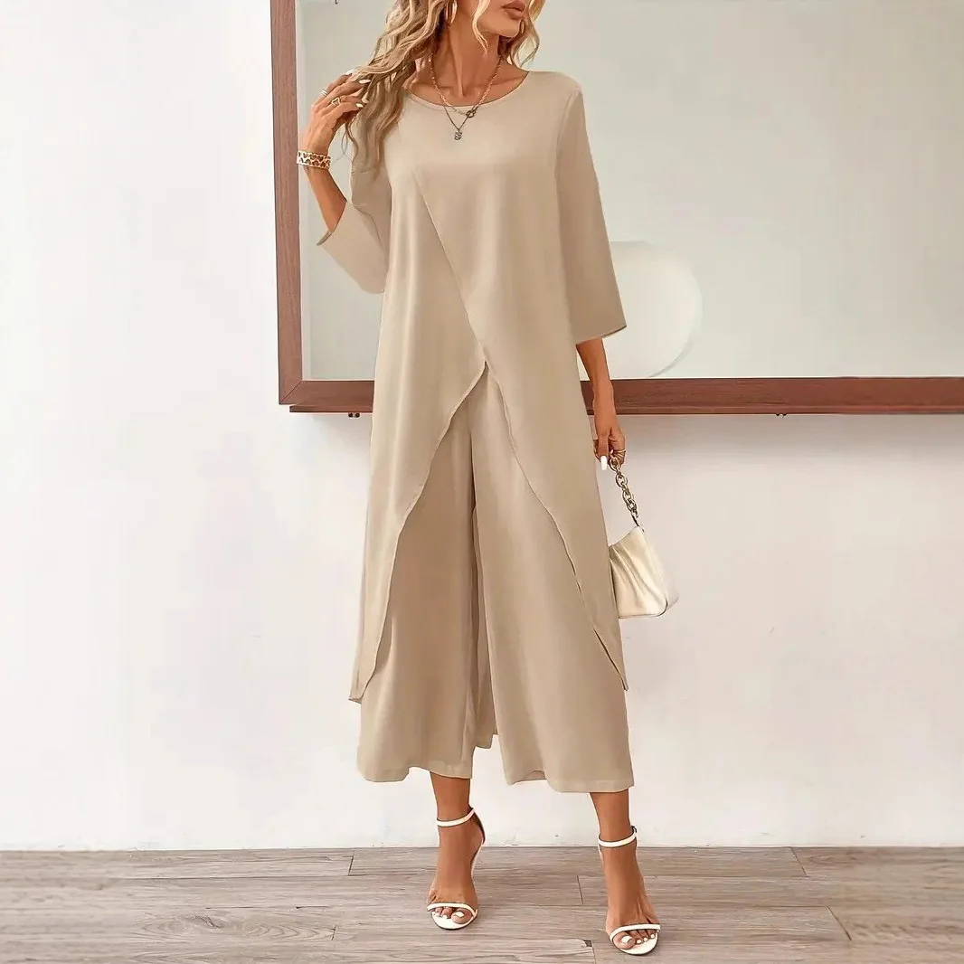 

Повседневный комплект из двух предметов с длинными рукавами, брюки с круглым вырезом, женские элегантные брюки из смеси полиэстера, удобный крой, осенняя коллекция