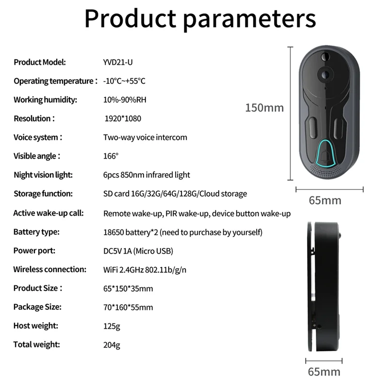 Smart Wifi Video Türklingel Wireless Voice Intercom Monitor 1080P HD Nachtsicht Smart Türklingel Kamera-Y41A