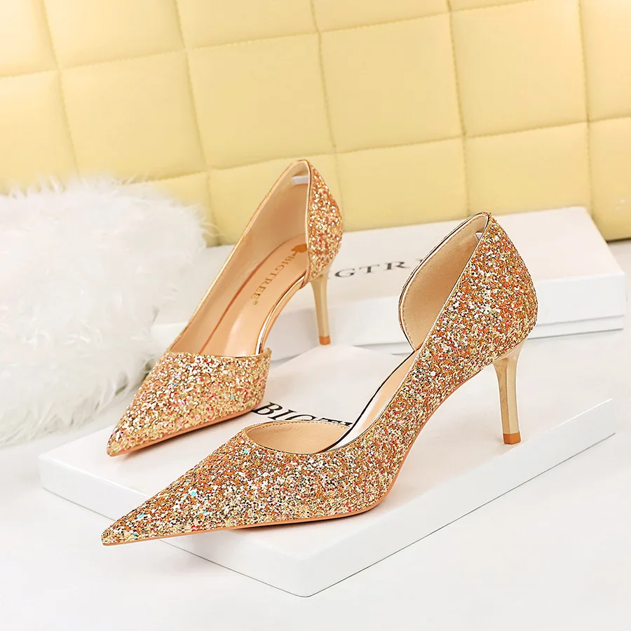 

Style Sexy Nightclub Slim Fit High Heel Shallow Mouth Pointed Side Hollow Shining Sequin Single Shoe Women Pumps туфли женские