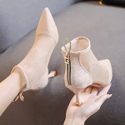 Sandalias de malla para mujer, zapatos de tacón alto sexys, ahuecados, botines con cremallera trasera y punta estrecha, novedad de 2023