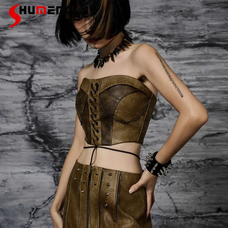 

Лето 2025 г., новые стропы для тяжелой промышленности с нагрудником, плотные кожаные ретро-панк-мягкие облегающие майки для девочек в стиле ретро для женщин