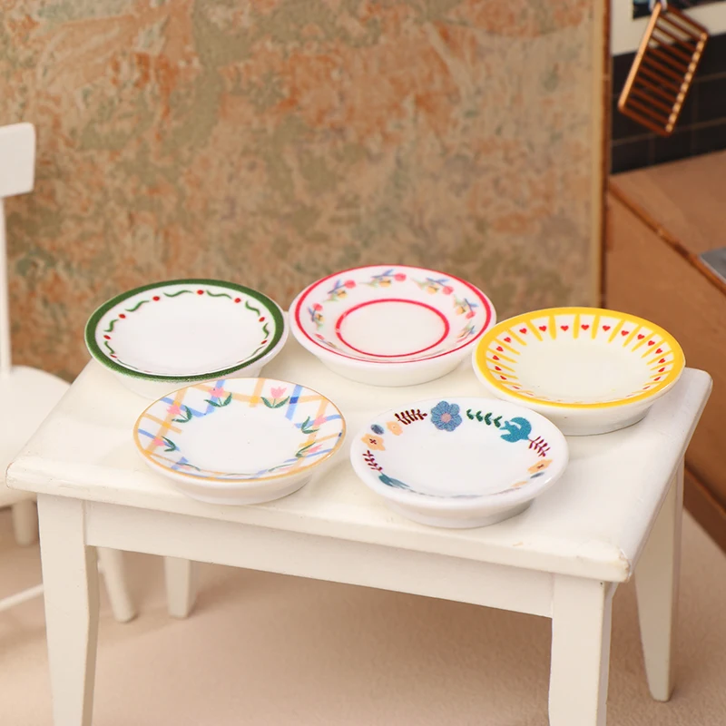 B*5Pcs 1/12 Dollhouse Mini Plates Dishes Model Dollhouse Simulation Kitchen Decoration Dolls House Accessories Pretend Play Toys