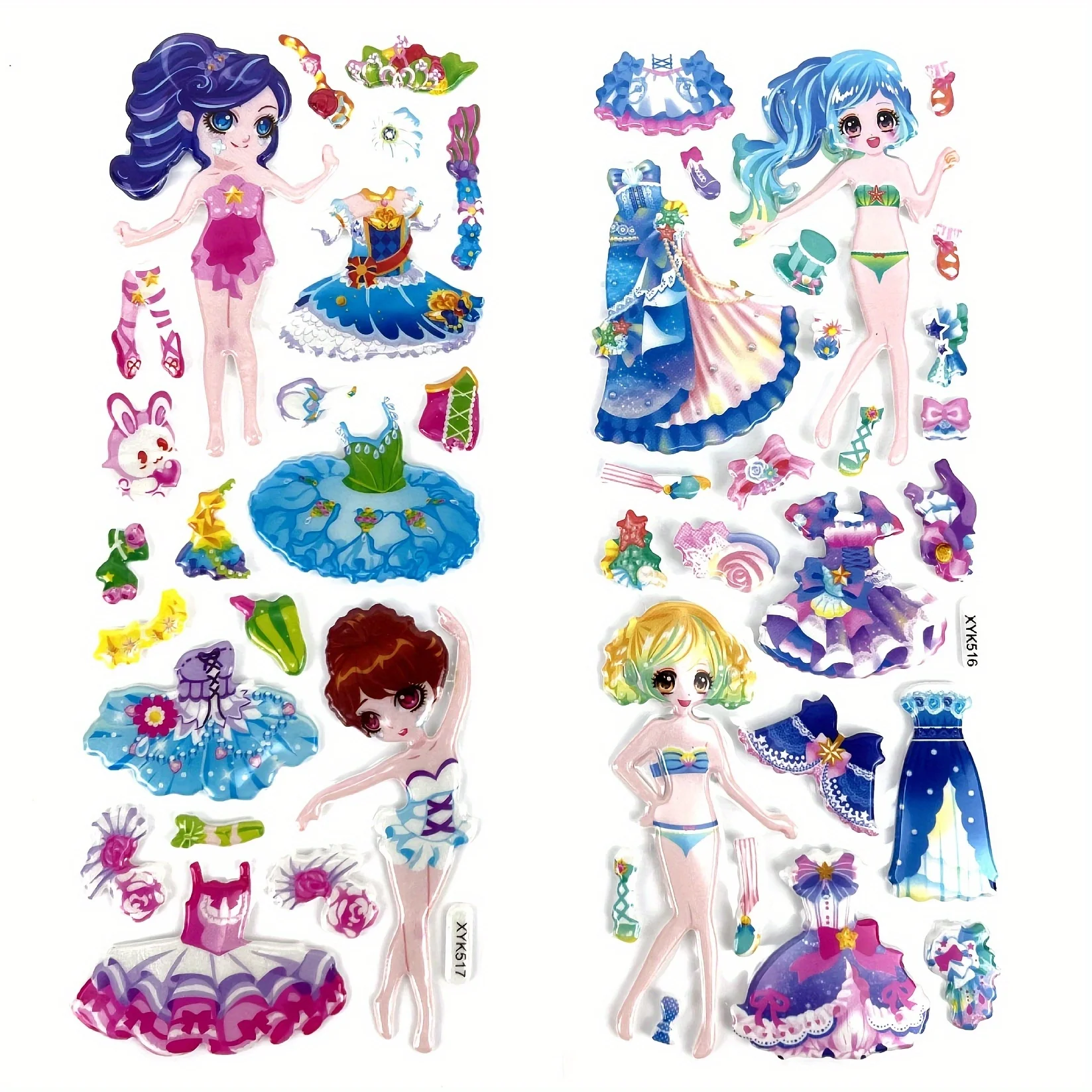 5 قطعة ملصقات فتاة فستان ثلاثية الأبعاد حوريات البحر الأميرة لطيف قابلة لإعادة الاستخدام منتفخ ملصقات DIY بها بنفسك الحرفية هدية عيد ميلاد ZSY