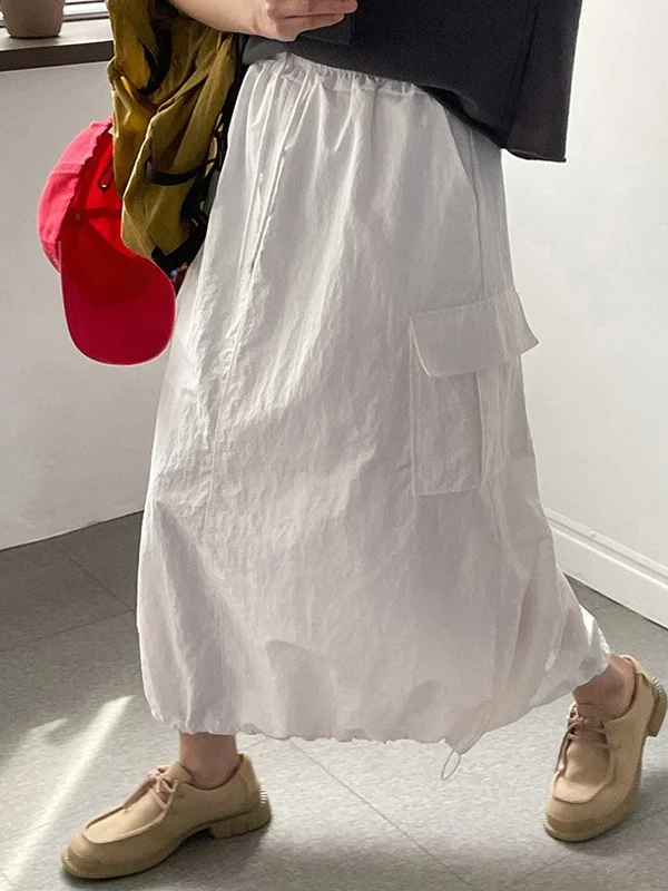 

Summer New Chic A-Line Midi Skirt Women's Faion Bloom Sle Casual Dstring Workwear Skirt l Waist Pure Color