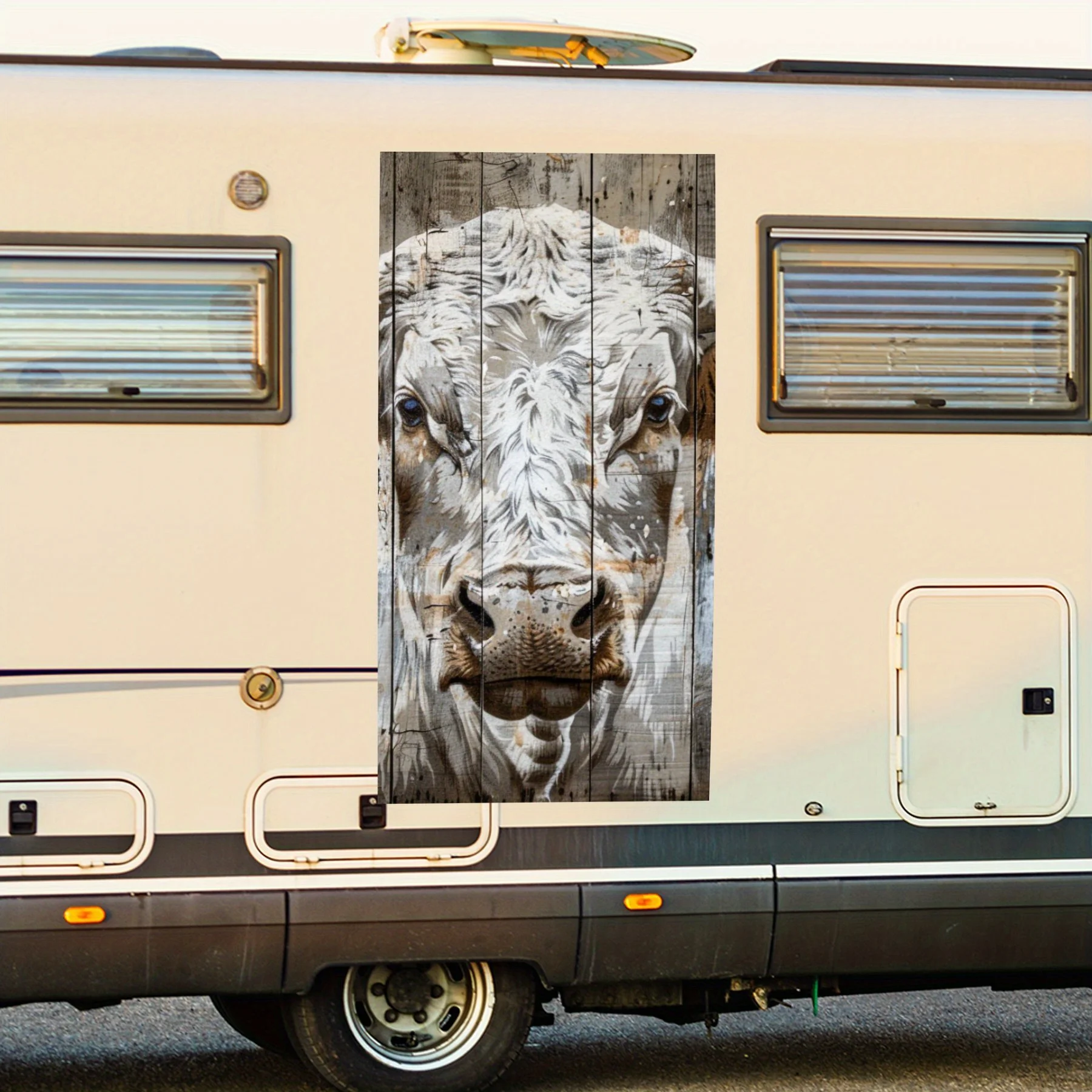 

Cow Head on Wooden Plank Motorhome Car Door Sticker PVC Self Waterproof Stick, Striking Auto Exterior Accessories Decor Protect