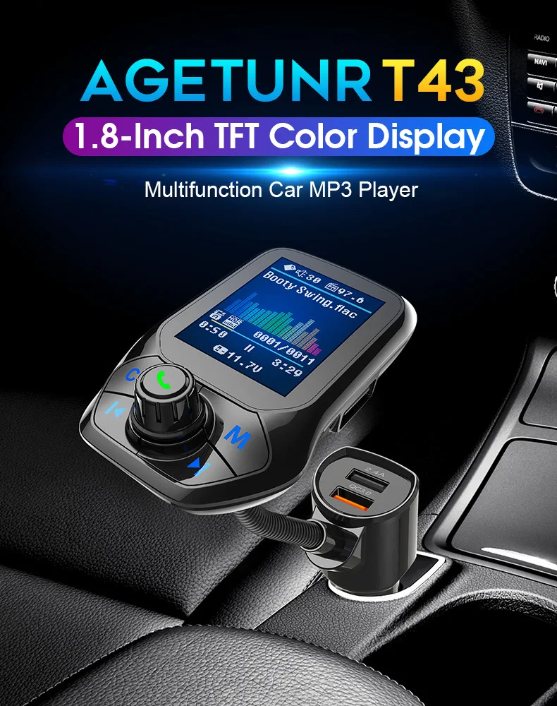Large-Screen Car Charger Bluetooth MP3 Player USB Interworking QC3.0 Car Charger Multifunctional 5-in-1 Fast Charging Universal