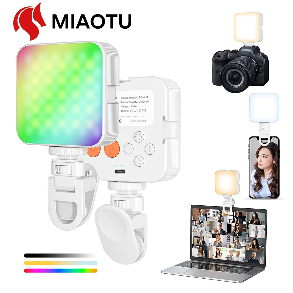 MIAOTU Full Color RGB LED Video Light 2500K-9000K 800LUX Magnetic Mini Fill 3 Cold Shoe 2000mAh Type-C Camera Light