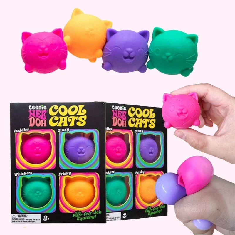 Needoh Teenie Cool Cats 4 Pack Toy Jelly Bunny TPR Non-toxic Soft Slow Rebound Relief Pressure Relax Heal Adults Anxiety Gift