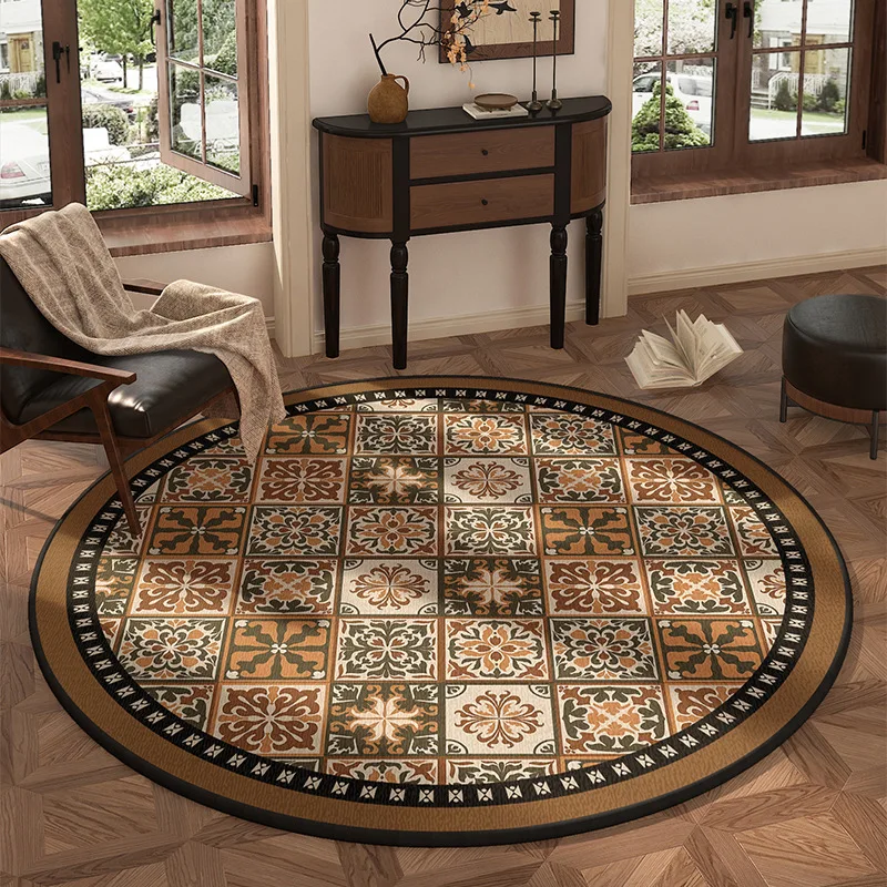Ethnic Tiles Patchwork Print Round Rug Retro Medallion Mosaic Design Circular Floor Bedside Cover