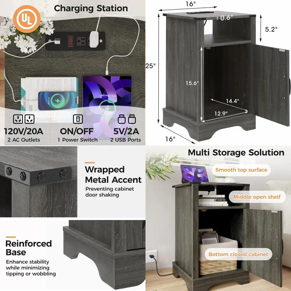 

Grey 2-Piece Nightstand Set with Charging Station and Large Storage, Tall End Table for Bedroom/Home Office