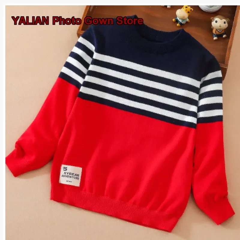 Boys Knit Top Kids Autumn Spring Long Sleeves Striped Pullover Sweater Solid Color Thin Soft Older Kids
