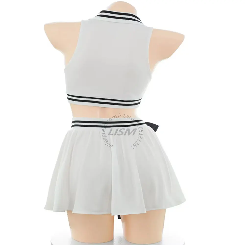 LISM White Tennis Girl Cheerleader Cosplay Lingerie Set For Women, Cropped Sleeveless Top With Pleated Mini Skirt Costume view 3