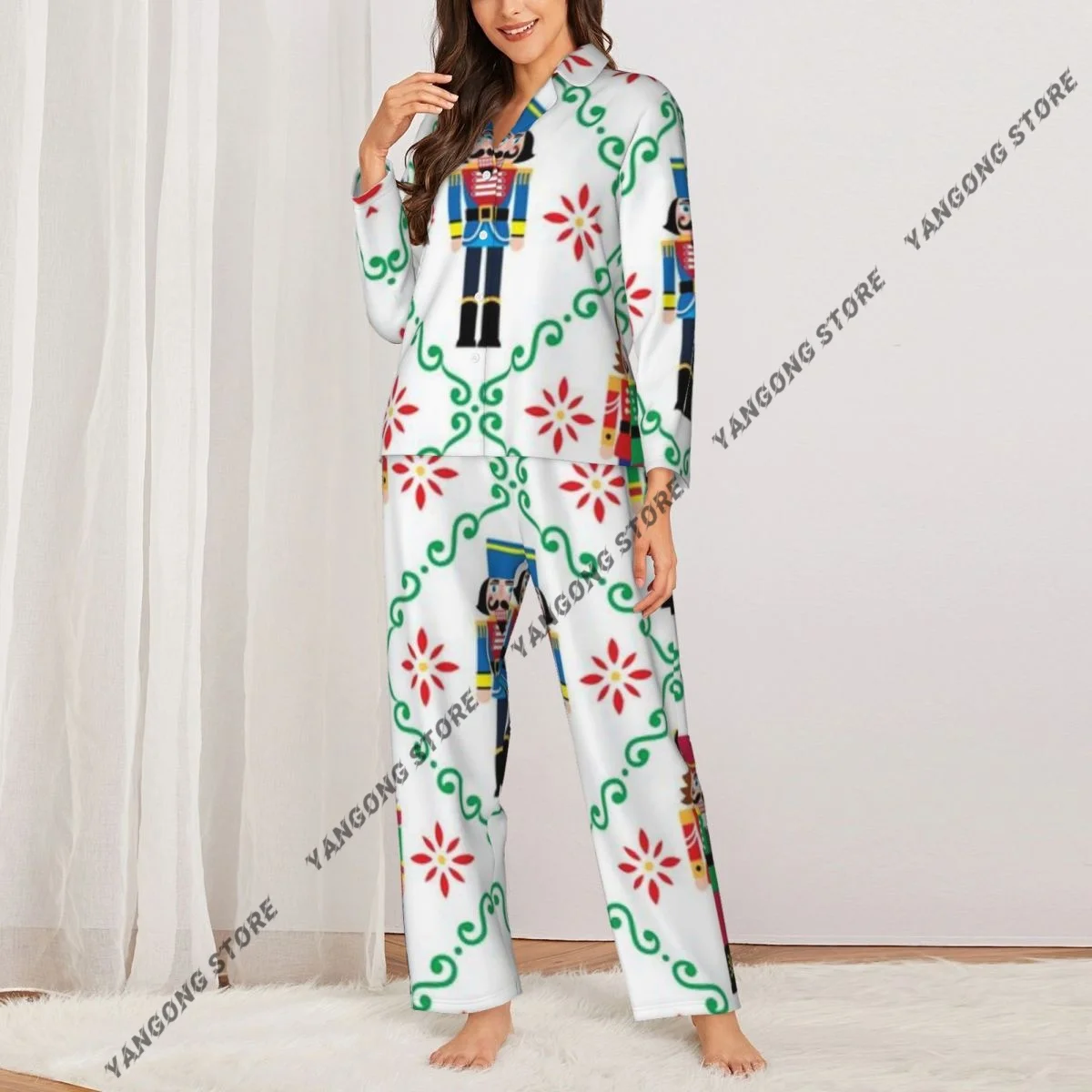 Christmas Nutcrackers Xmas Soldier Figurine Pajamas Loungewear Two-piece Sleepwear Button-Down Full Sleeve Long Pajamas Set