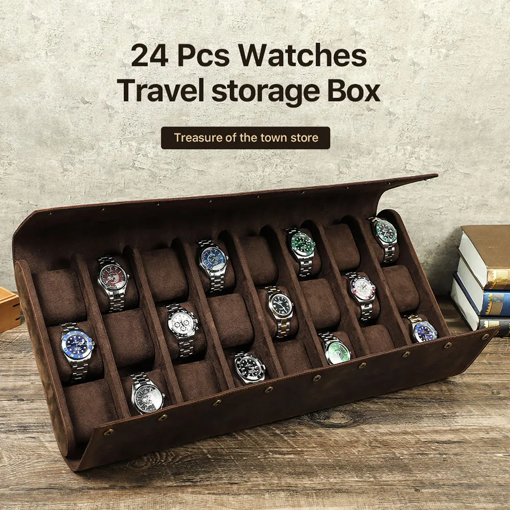 Luxury Genuine Leather Vintage 24 Slots Watches Box Business Trip Storage Organizer Bracket Holder Display Jewelry Case Gift Box