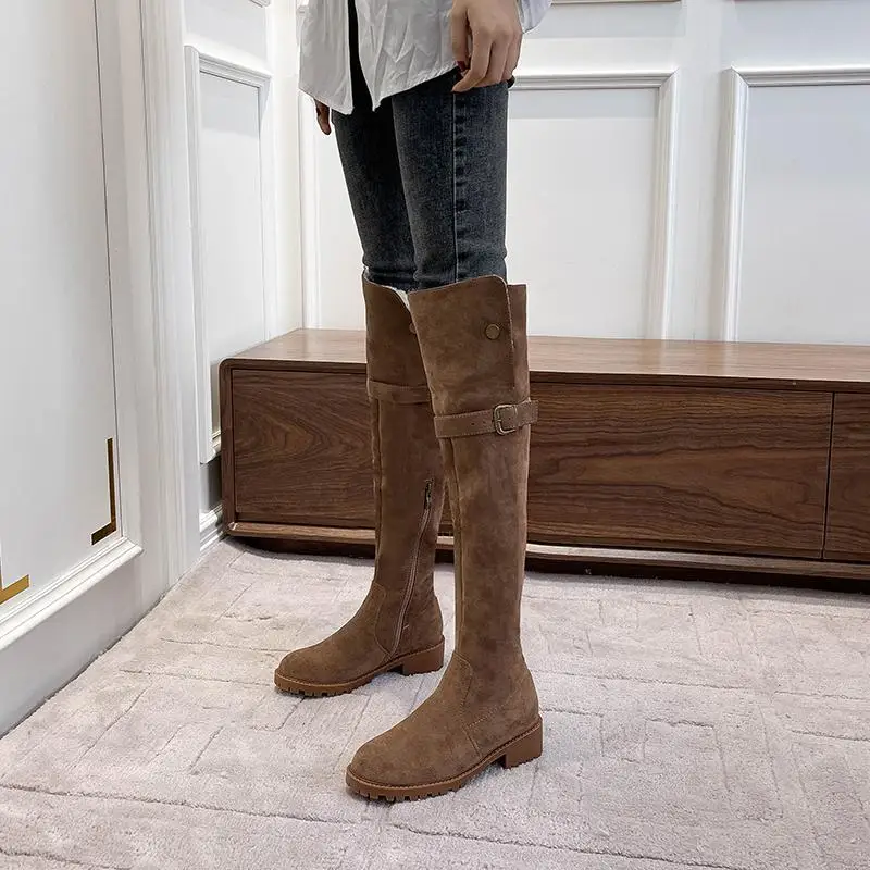 

Autumn Winter Women's British Retro Style Fleece Lined Slim Over The Knee Boots Round Toe Mid Heel Two Way Wearable High Boots