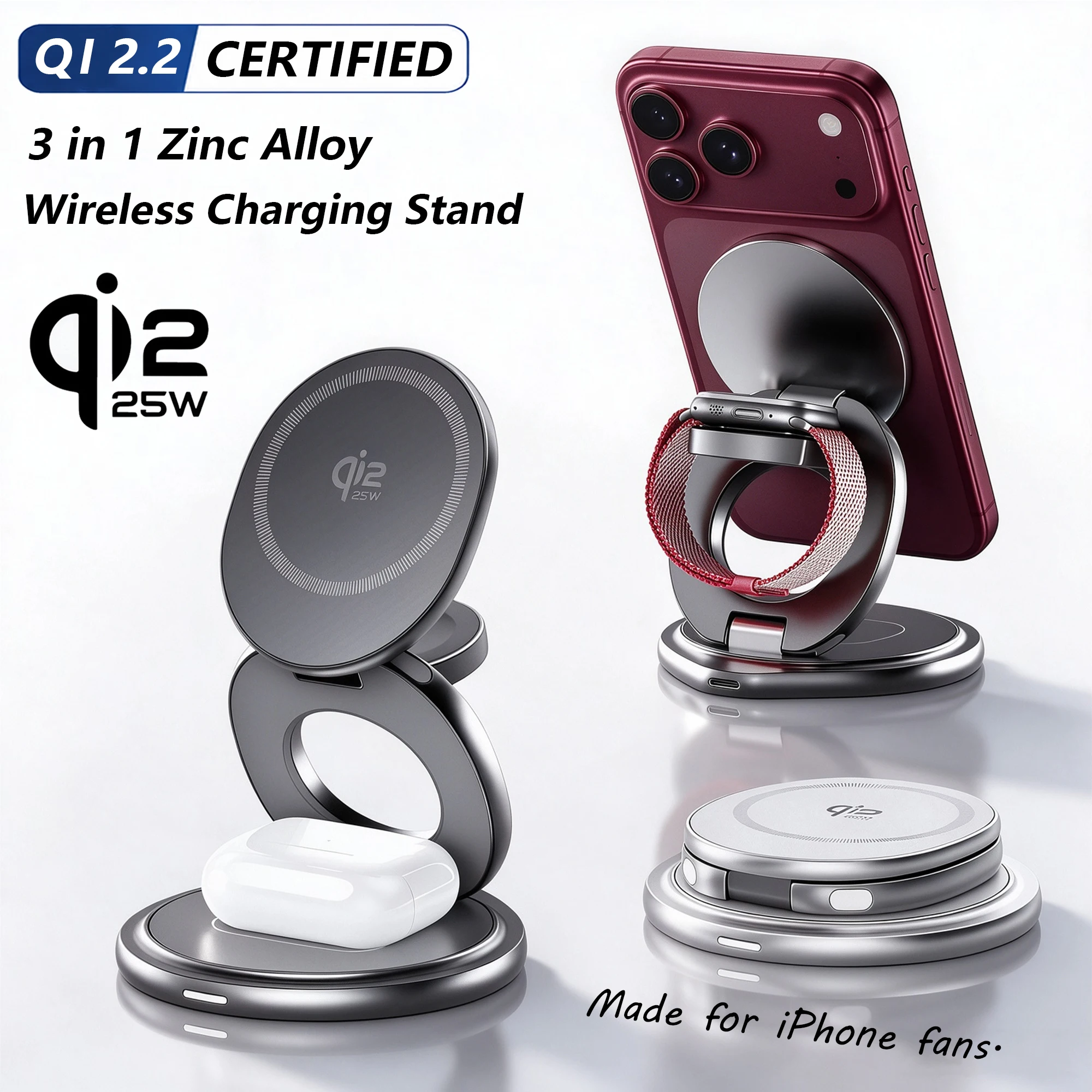 מטען אלחוטי מתכתיQi 2.2 25W עם מעמד מסתובב