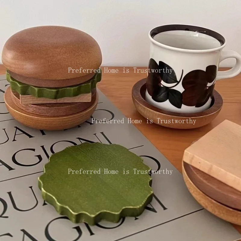 Hamburger Insulation Pad Creative Fun Solid Wood Coaster Magnetic Tea Pad Home Desktop Decoration
