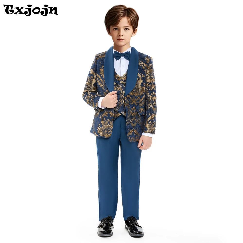 Popular Shawl Lapel Kids Suit 4 Pieces Jacket Vest Pants Bow-tie Gold Floral Pattern Tuxuedo Boys Suit Set For Birthday Party