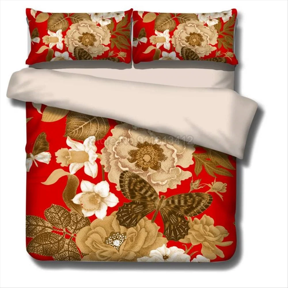 Golden Flower 3D Digital Printing Custom Bedding Set 3 Pieces Single Double Queen Duvet Cover Set Home Textile Red Bedspread