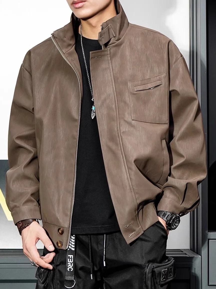 

High-End American Retro Stand Collar Leather Jaet Men's Spring Autumn Loose Large Size Casual Motorcycle Leather Jaet You...