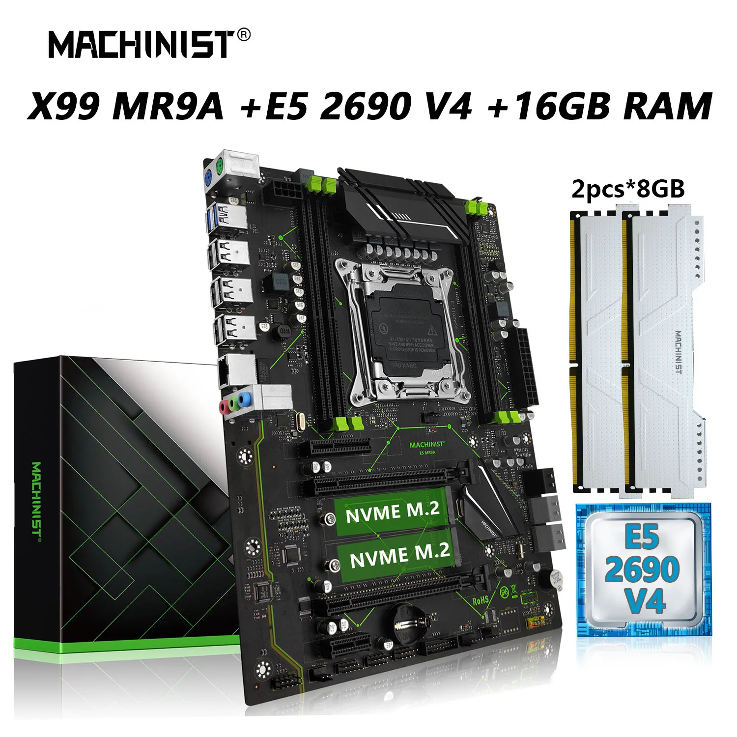 MACHINIST MR9A X99 Motherboard Combo Kit Xeon E5 2690 V4 CPU Processor LGA 2011-3 16G=8G*2 DDR4 RAM Memory Set NVME M.2 USB 3.0