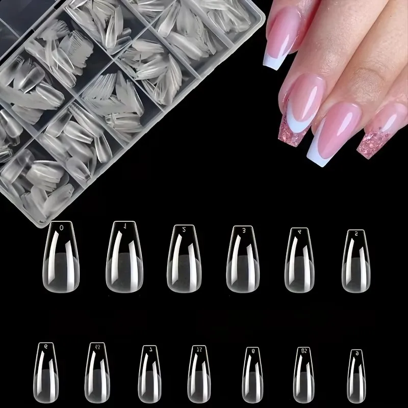 600 korte amandelvormige semi-mat transparant acryl valse nageltips voor nagelverlengingen en manicuregereedschap