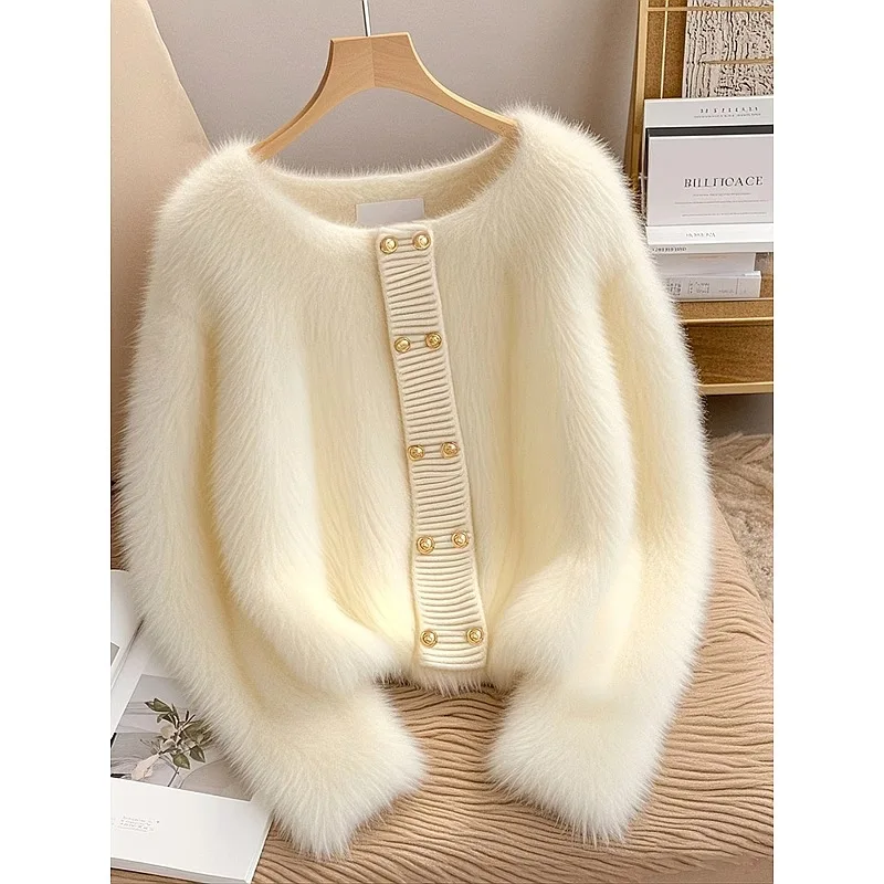 

Spring Autumn Women Sweater Cardigan Jacket 2025 New Winter Versatile Knitted Sweater Small Fragrance Plush Coat Female Tops