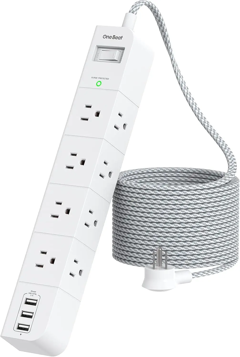 10 ft Extension Cord with 8 Outlets & 3 USB, Flat Plug, Surge Protector, Desktop Charging Station, ETL Listed