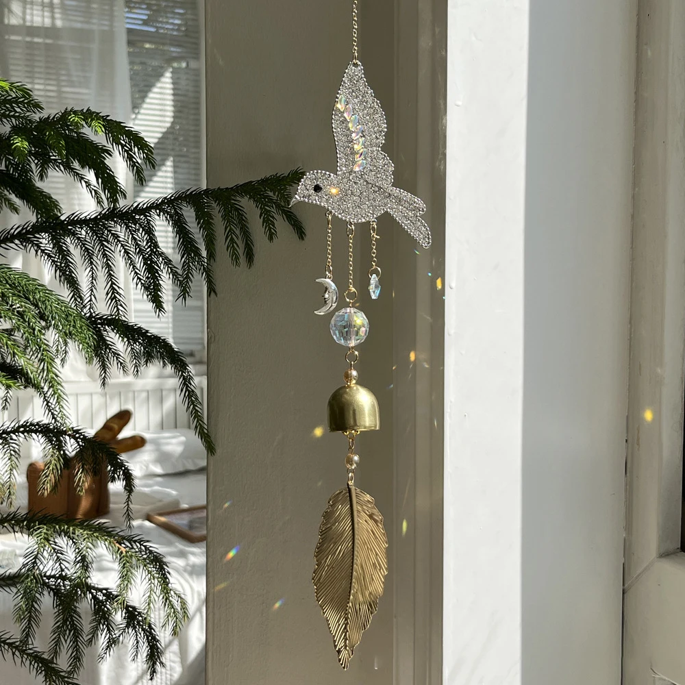 3D Diamond Hummingbird Leaf Sun Catcher Outdoor Wind Chimes Home Decoration Crystal Ball Ornament House Garden Pendant Decor