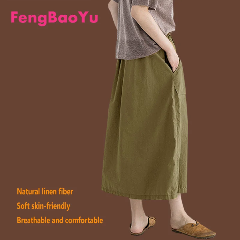 

Fengbaoyu Linen Summer Lady Loose Waist Large Pocket Skirt Young Girl Pink Long Skirt Temperament Generous Women Clothing 5XL