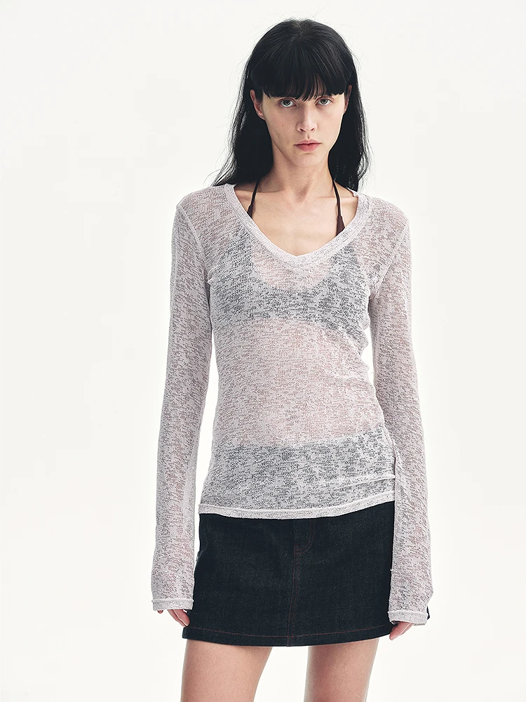 

Свободная футболка V-Ne Long Sve от Fu Zhen Spring Dr Low Saturation Color Blo Повседневный летний топ с вырезами