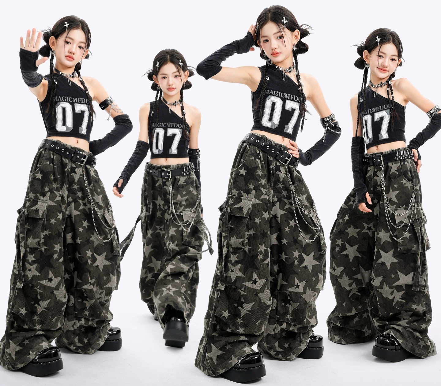 Girls Hip Hop Off‑Shoulder Crop Top Camouflage Cargo Pants Children Street Dance Streetwear Jazz Girl Group Stage Dance Costume