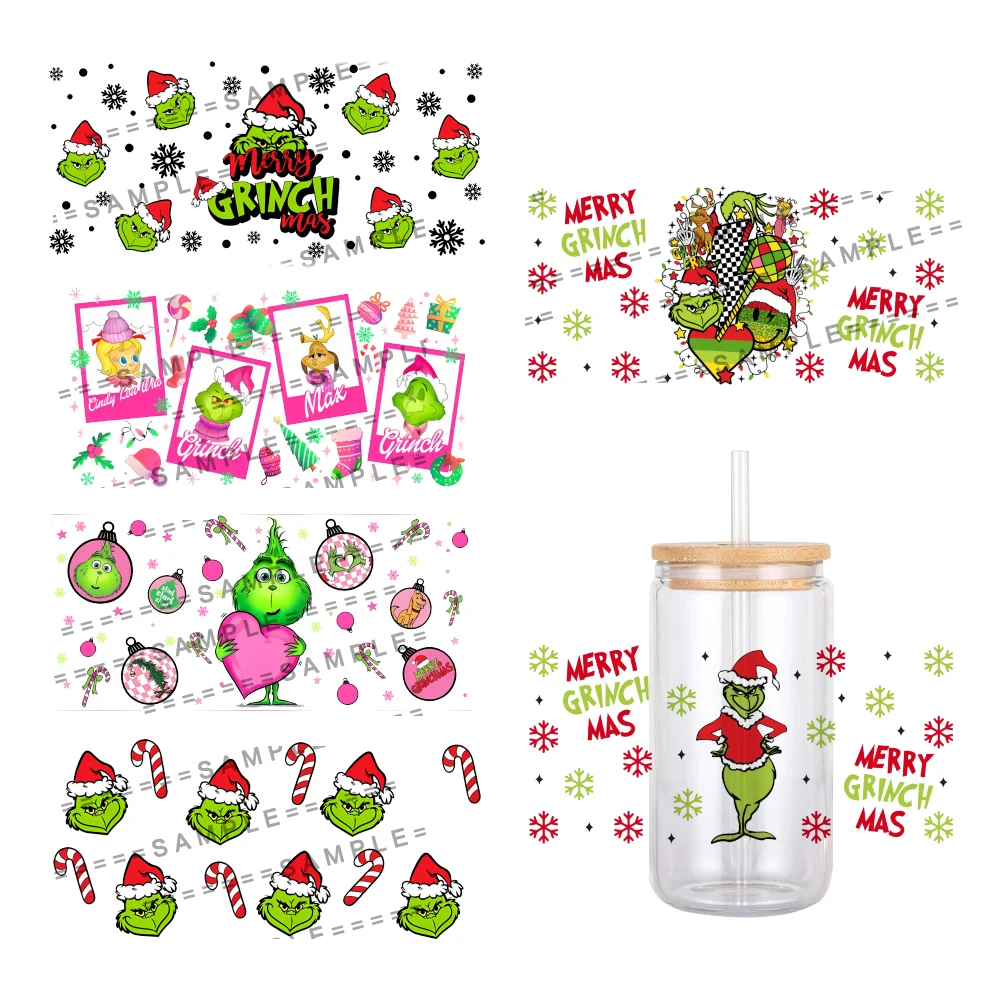 Hot Sales Christmas Cartoon Design Pattern TUV DTF Transfer Sticker Waterproof Transfers Decals For 16oz Glass Cup Wrap Stickers