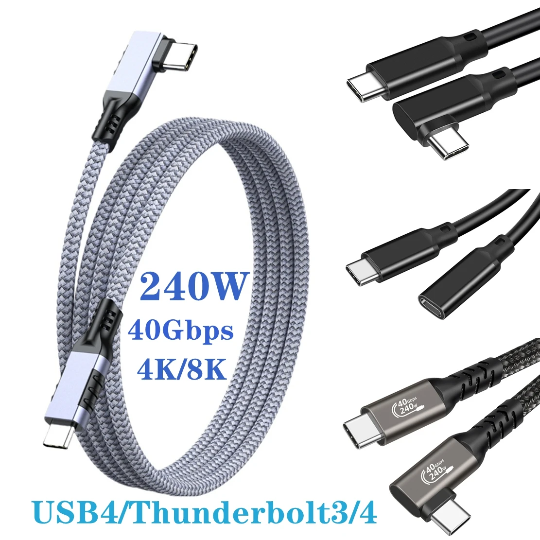 USB4 USB C To Type C 4K 20Gbps Date Gen3 8K Cable PD 240W 3M 5M Fast Charger 90 Degree Angle Cord For Xiaomi Huawei Macbook iPad