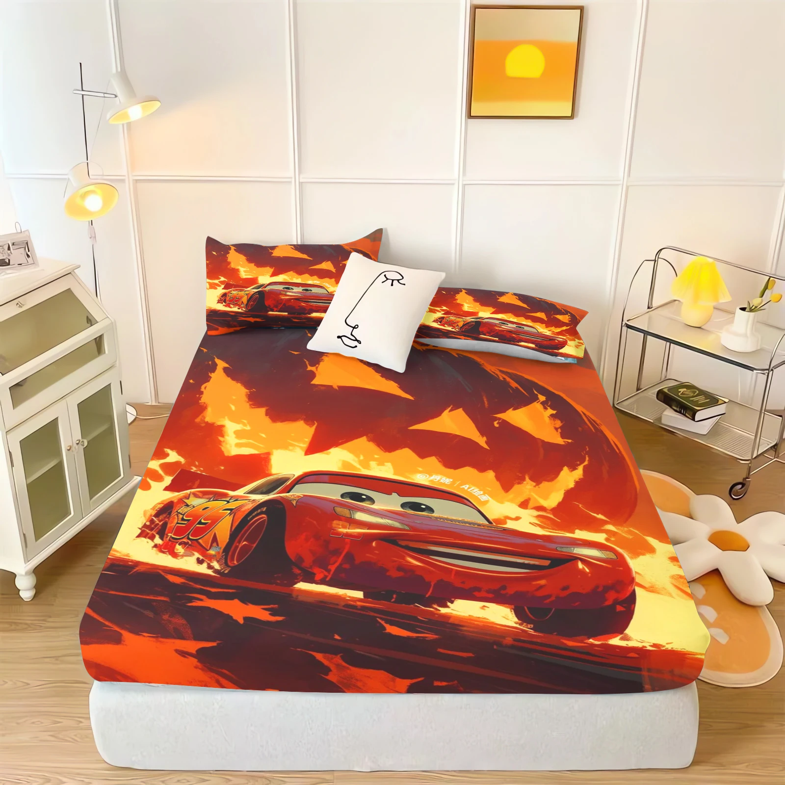

Kids Cartoon Car Fitted Sheet McQueen 100% Polyester Children Elastic Sheets Soft Cover Digital Printing Design Bedroom Beding