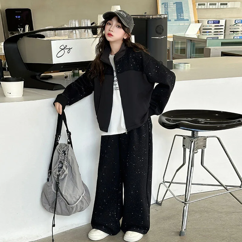 

Teenager Girls Two-piece Outfit Autumn Sequins Kids Girls Sets 4-14Y Girl Turn Down Collar Coat Children Girls Straight Leg Pant