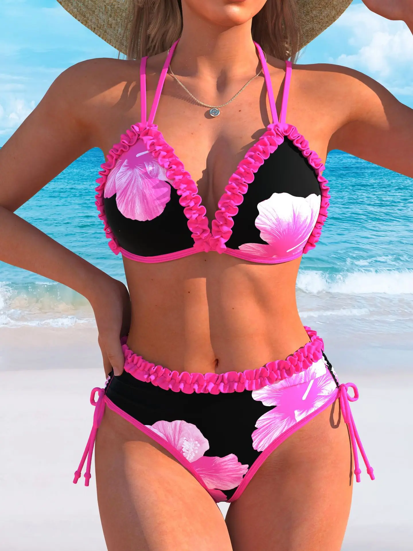 

Sexy Cut Out Bikini Set 2026 Sheer Mesh Halter & High Waist Tummy Control Full Coverage Pool to Party Floral Vintage Two Piece