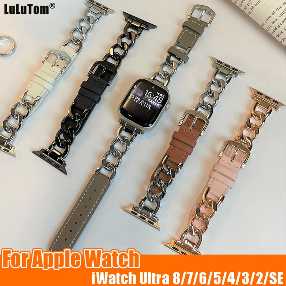 

Ремешок из нержавеющей стали для Apple IWatch Series 8 7 6 SE 5 4 3 Ultra, кожаный браслет для наручных часов 49 40 44 41 45 38 42 мм