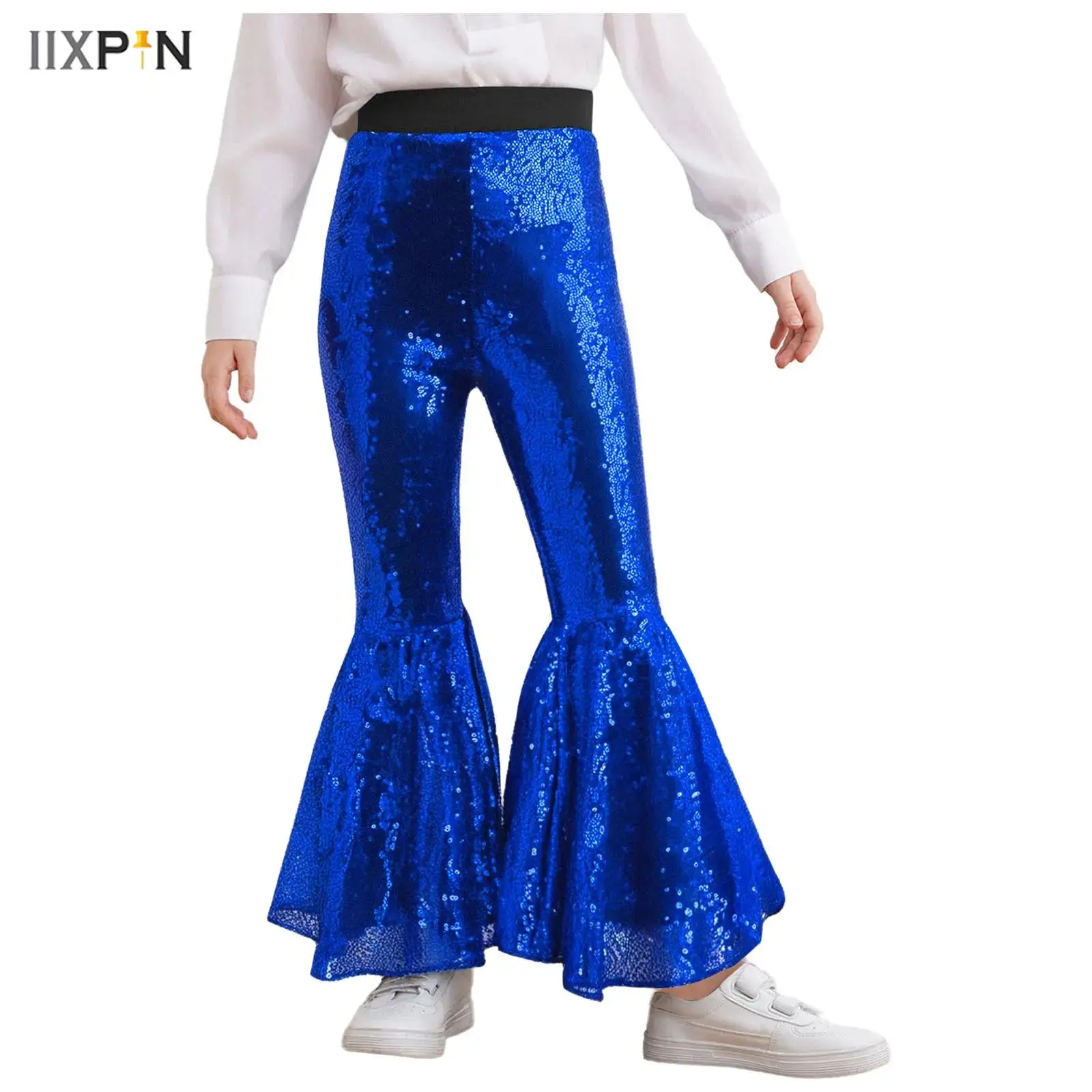 

Kids Girls Jazz Latin Dance Pants Glittery Sequins Flared Pants Elastic Waistband Bell-Bottom Trousers Stage Performance Costume