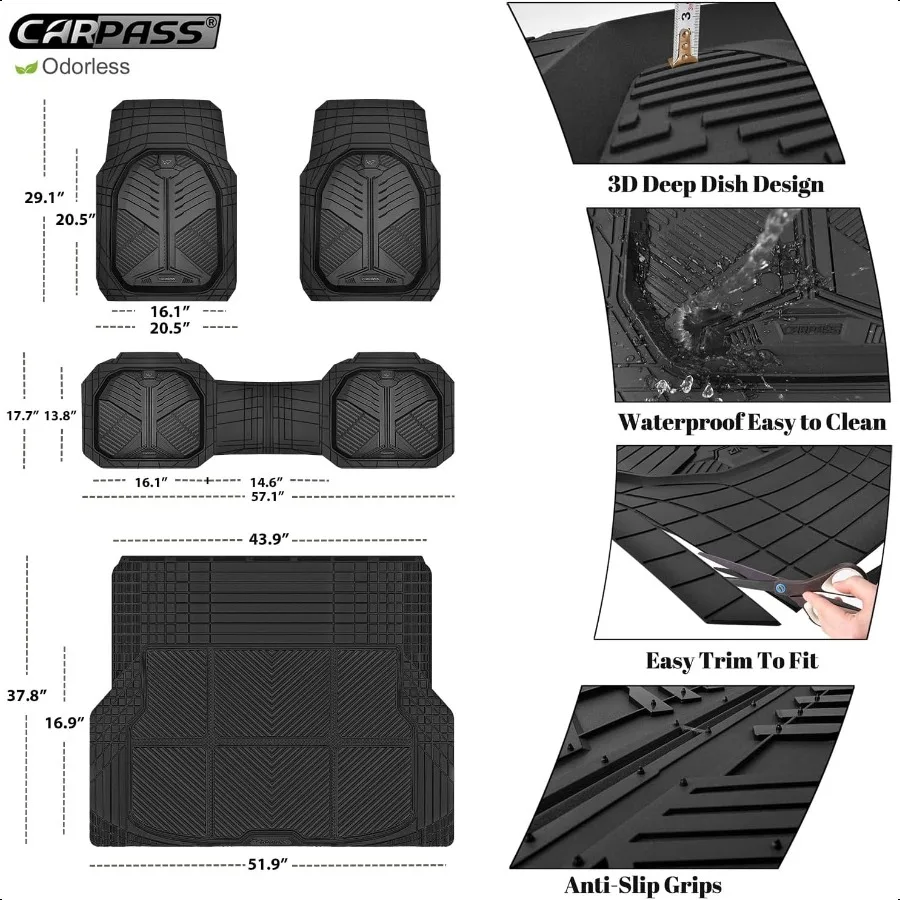 Tapis de voiture en caoutchouc robuste avec doublure de chargement, tapis de sol de voiture DeepDish et tapis de coffre, garniture universelle toutes saisons pour suv et camions