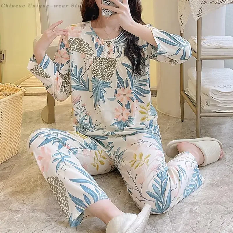 2025 New Women's Pajama Set Long Sleeve Round Neck Tops Pants Two Piece Set Simple Print Flower Home Clothes Casual Sleepwear
