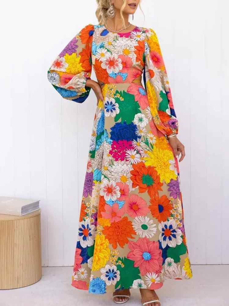 Floral Print Lantern Long Sleeve Cutout Waist Casual Maxi Dress Women