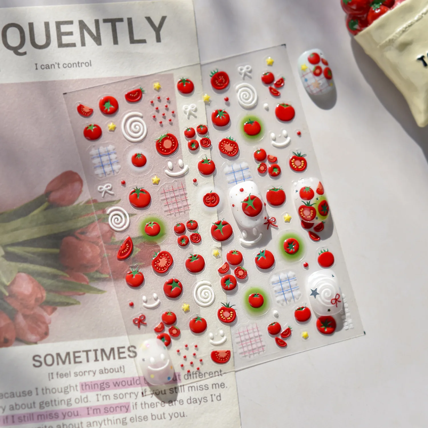 1 szt. Urocza naklejka na paznokcie 5D z soczystym pomidorkiem, kreskówkowe galaretki, owocowe pomidorki, kokarda, gwiazda, samoprzylepna naklejka, słodka dekoracja do manicure