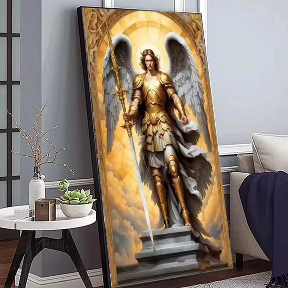 5D DIY Large Diamond Painting Cross Archangel Michael with Sword Renaissance Angel,Full Square Round Drill,Embroidery Home Decor