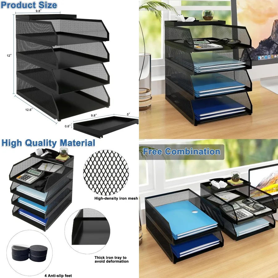 

4-Tier Stackable Metal Mesh Desk Organizer with Paper Trays for Efficient Document Storage and Sorting in Home Office and Schoo