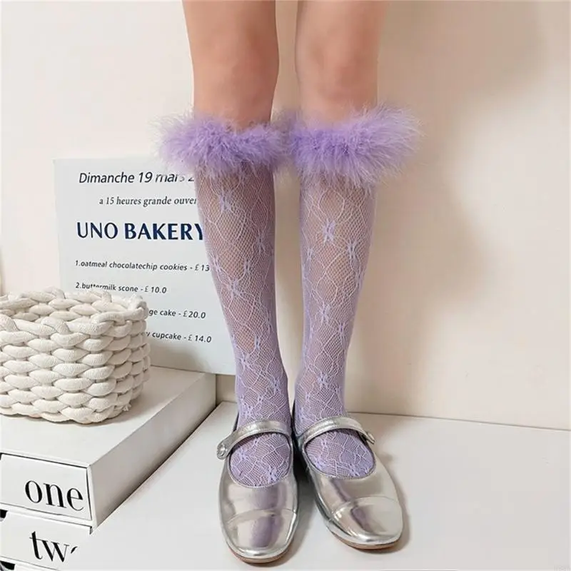 P88A الجوارب النسائية الدانتيل العجل الجوارب بلون شبكة جوارب الركبة جوارب فروي الزخارف #5