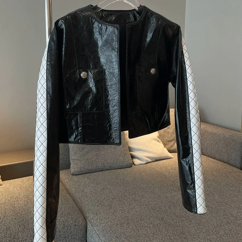 Genuine leather jacket new small fragrant style, cowhide, oil wax leather, diamond grid, pressed line, shoulder length