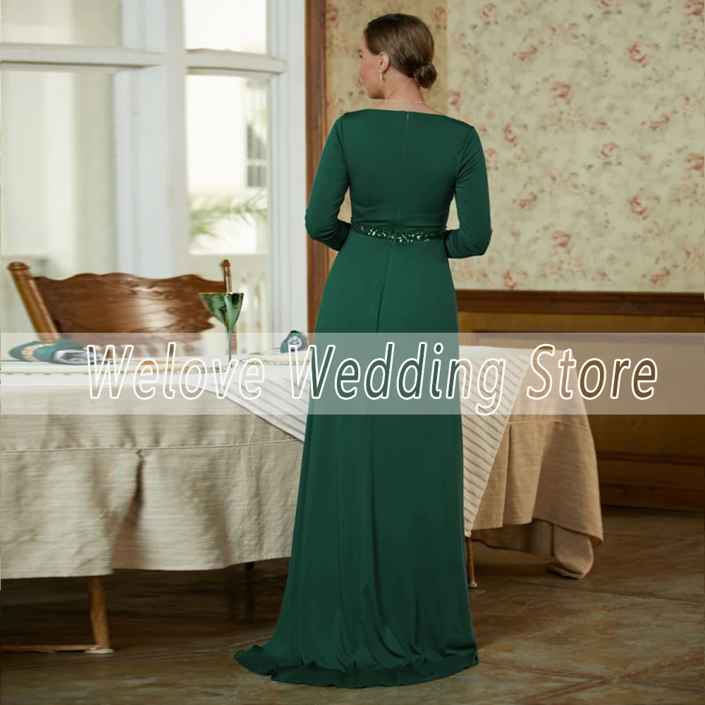 Vintage Mother Of The Bride Dress With Long Sleeve Side Slit Bead Sashes Chiffon Satin Floor Length Wedding Guest Party Gown